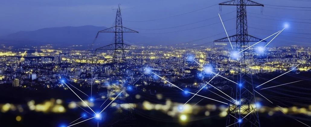 High-voltage transmission network at dusk