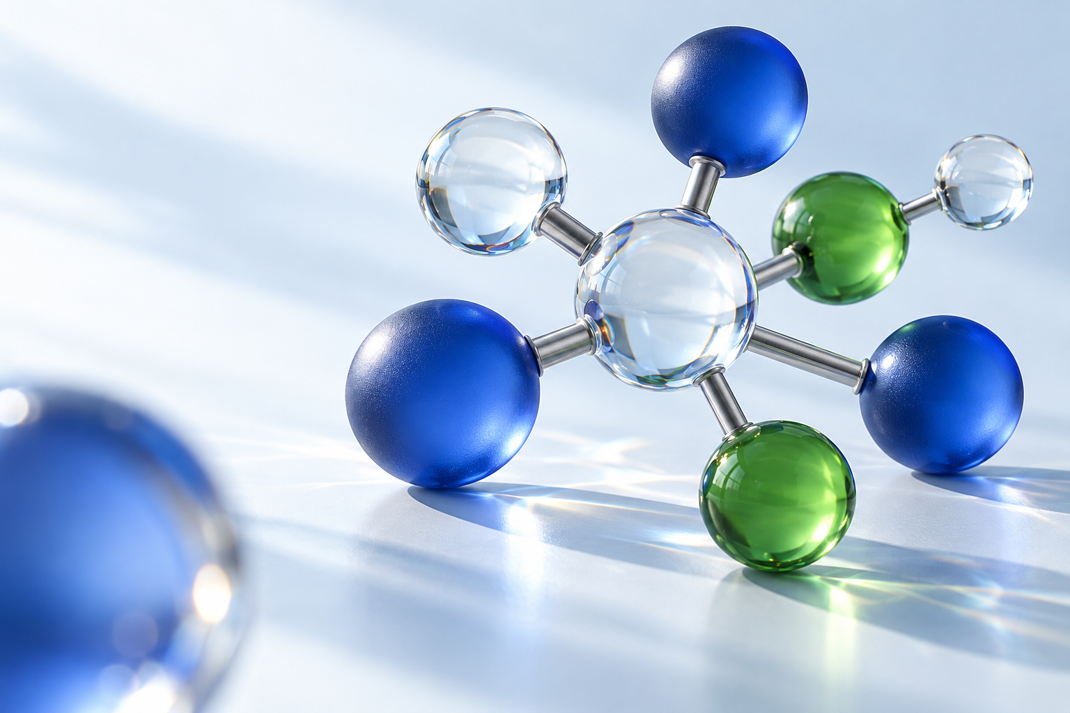 Illustrative glass molecular sculpture in NeoPharma blue and green