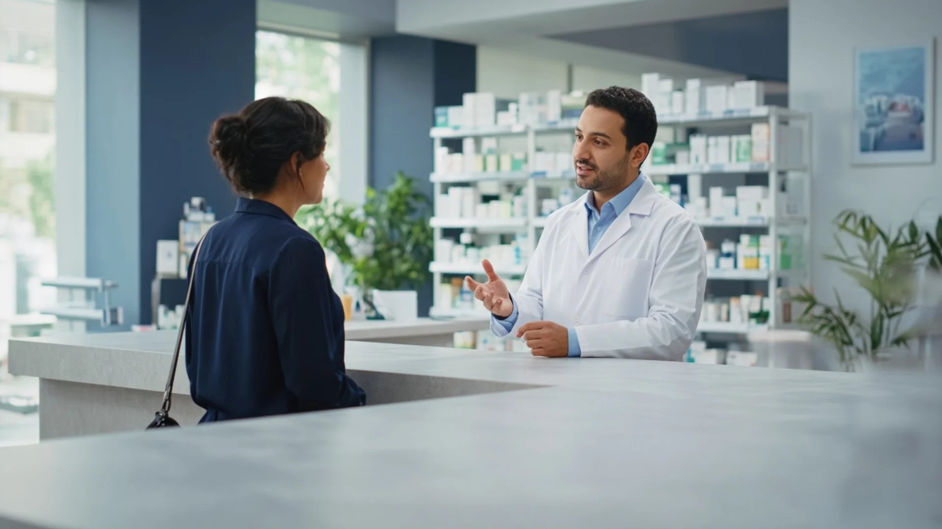 A pharmacist speaking with a customer at a pharmacy counter